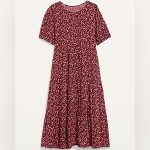 Floral Puff-Sleeve Button-Front Midi Swing Dress